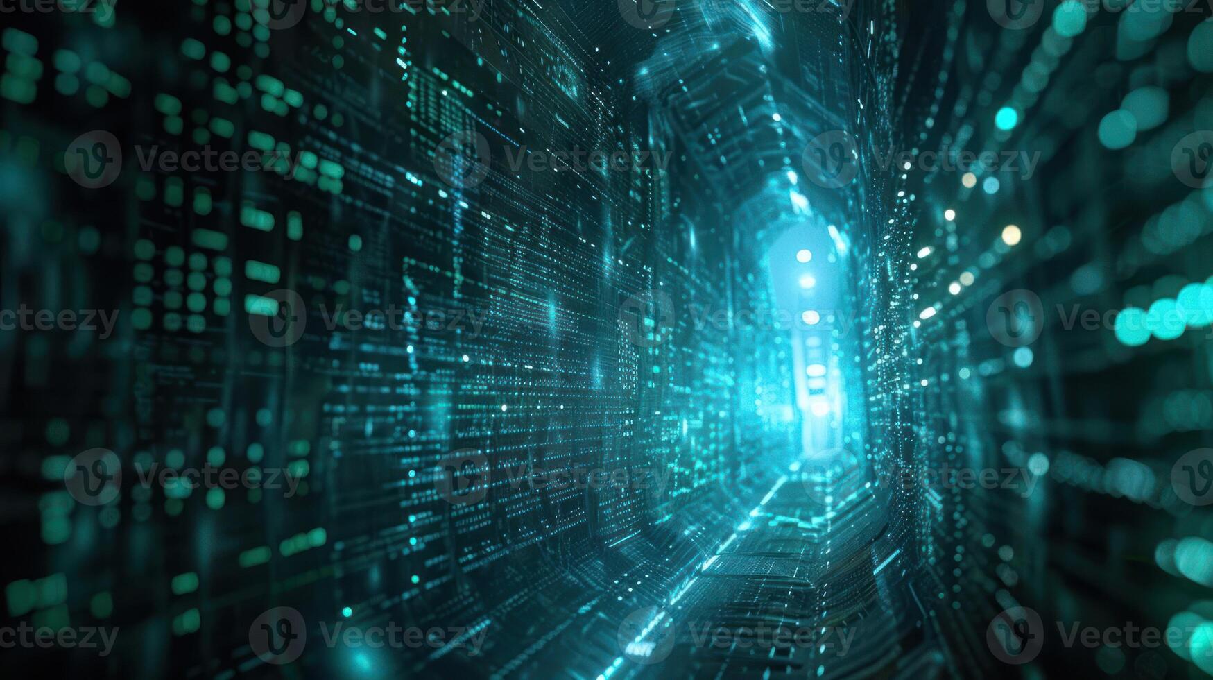 Futuristic digital tunnel showcasing glowing data streams and technology in motion photo