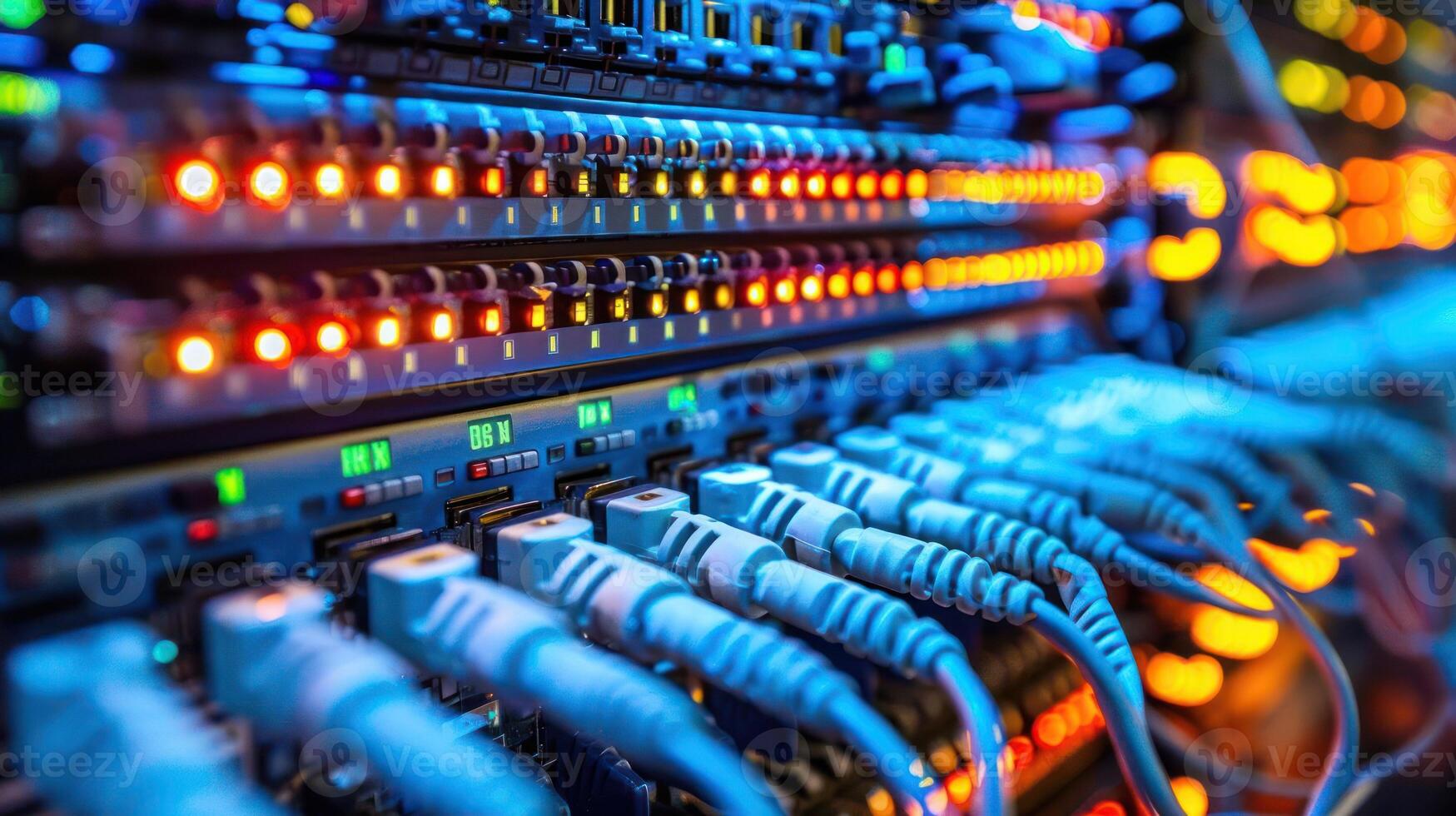 Close-up view of illuminated server cables and network switches in a data center environment photo