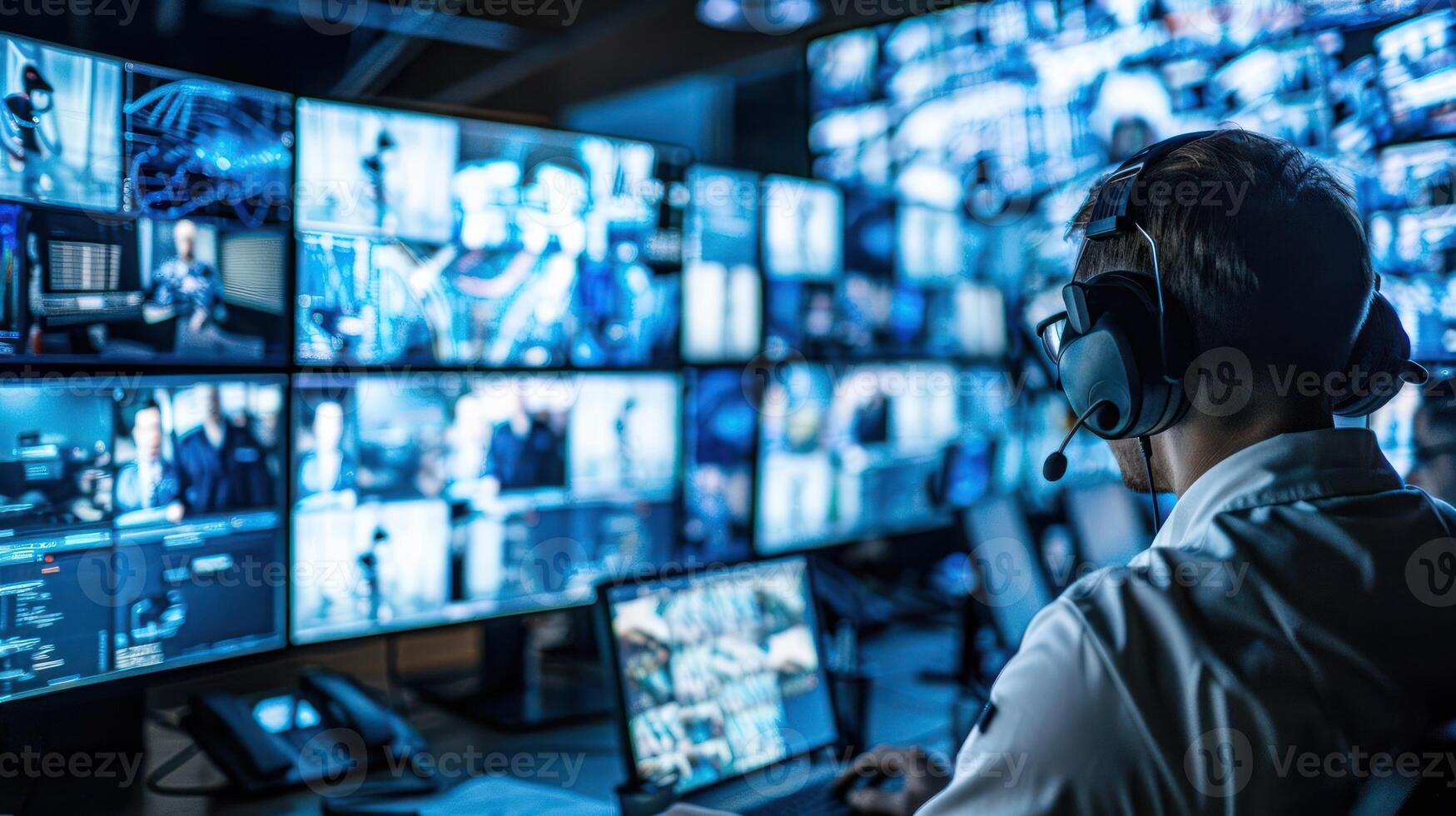 Surveillance operator monitoring multiple screens in a high-tech control room at night photo