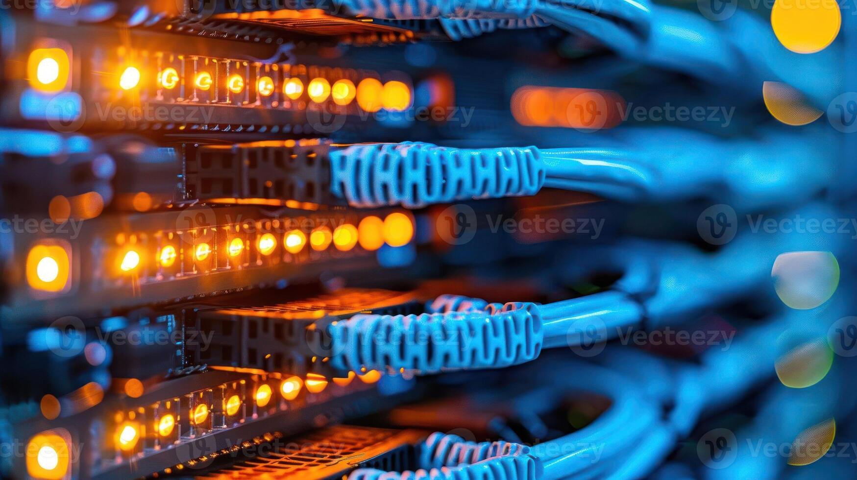 Close-up of illuminated server connections in a data center showcasing technology and network activity photo