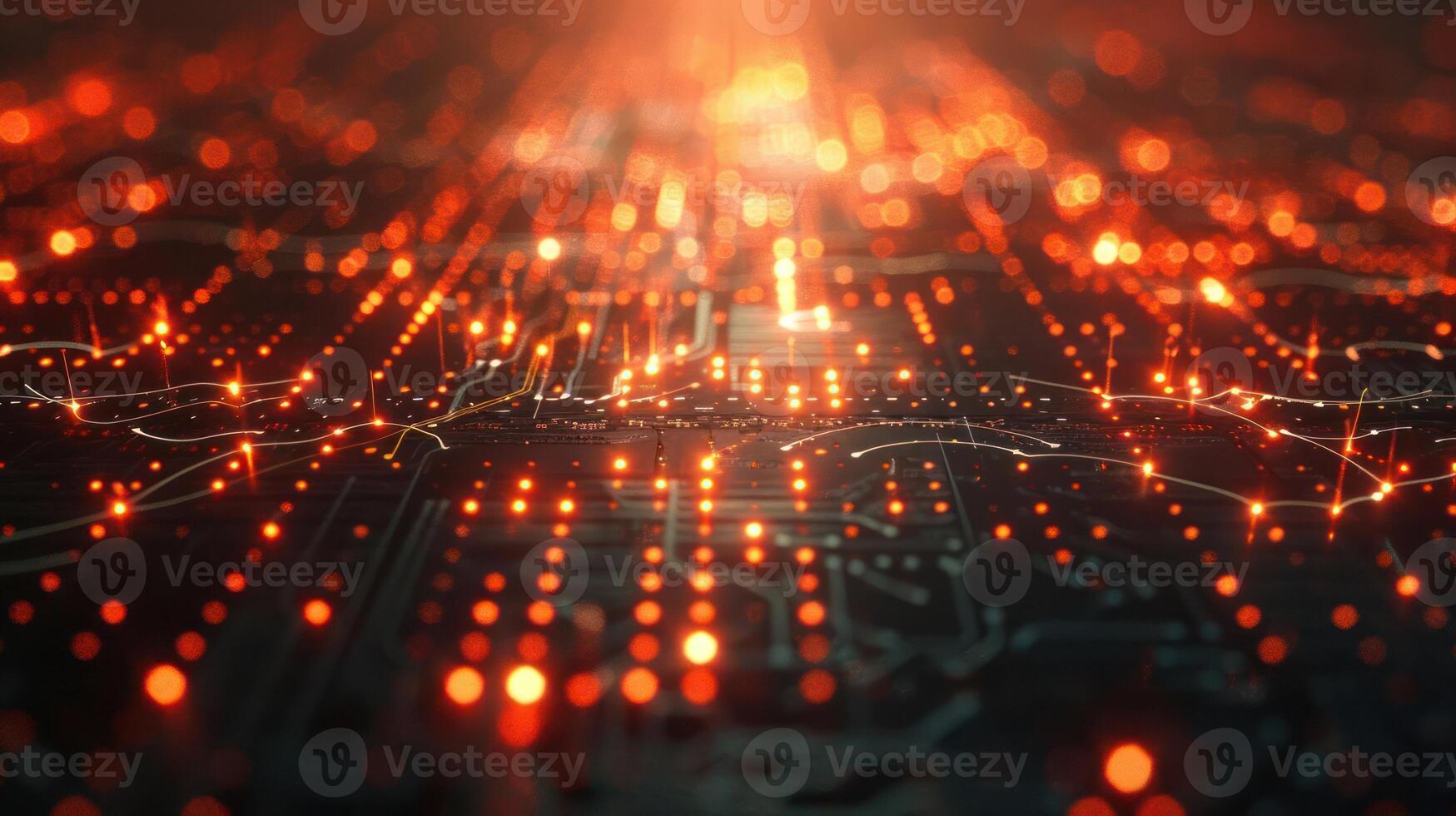 Abstract representation of a digital landscape with glowing circuits and vibrant lights photo