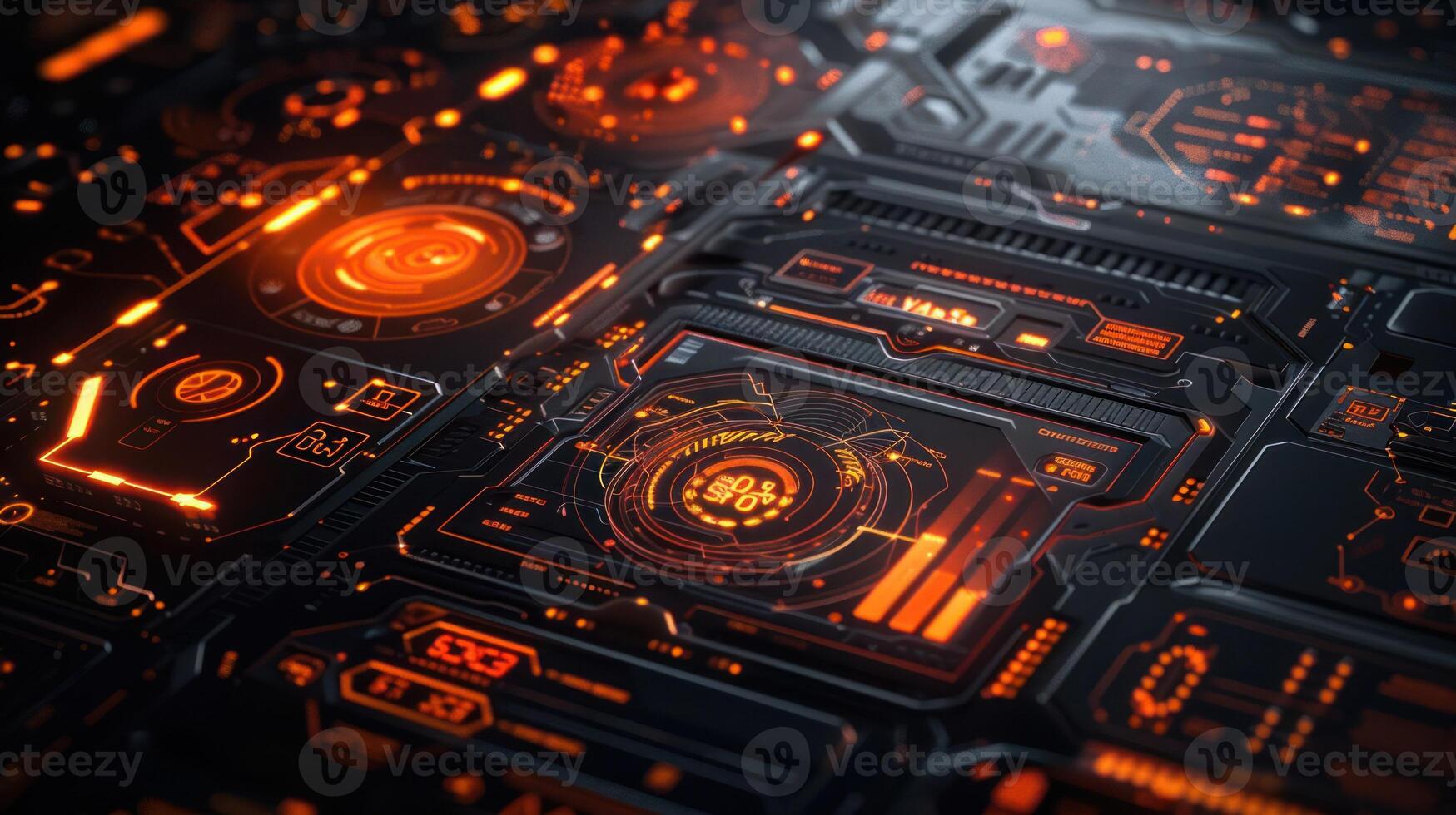Futuristic digital interface with glowing orange elements showcasing data and metrics photo