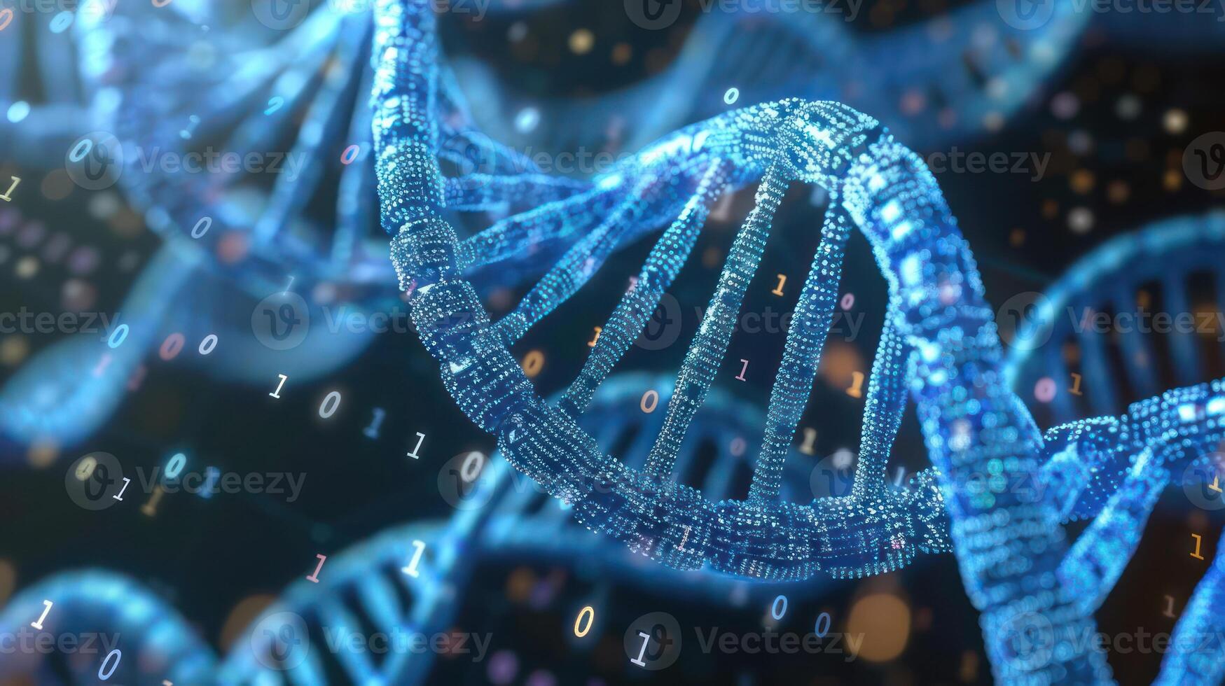 Abstract representation of DNA strands with binary code elements illustrating genetic data analysis photo