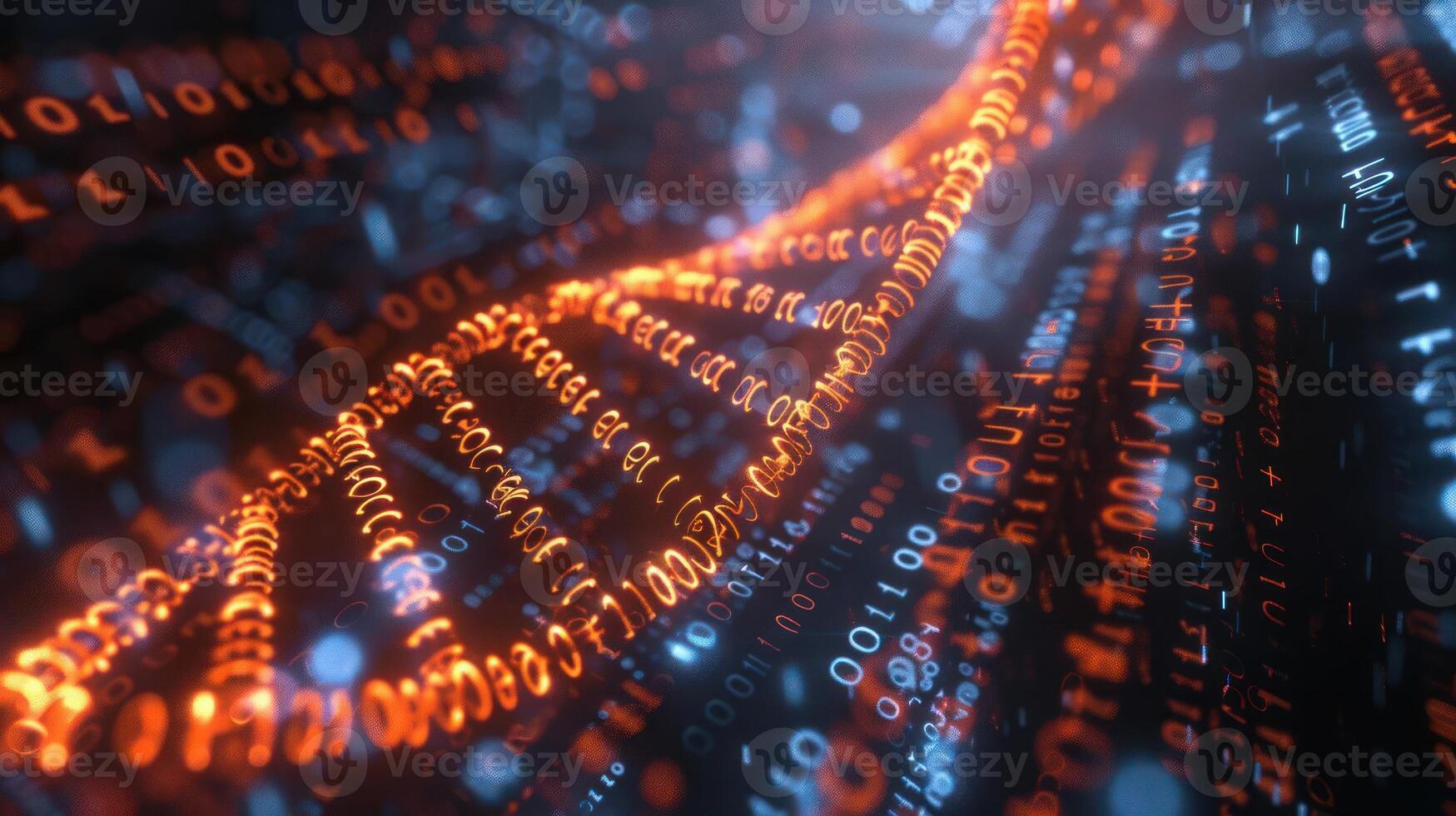 Abstract visualization of DNA strands intertwined with binary code, symbolizing data and life photo