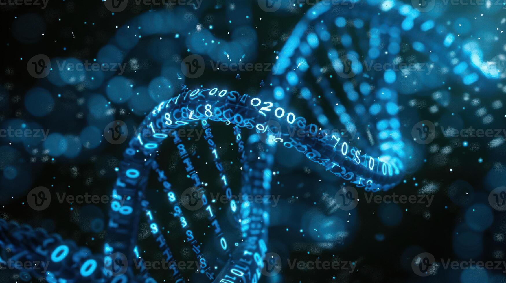 Abstract representation of DNA structure intertwined with digital data, illuminated background effects photo