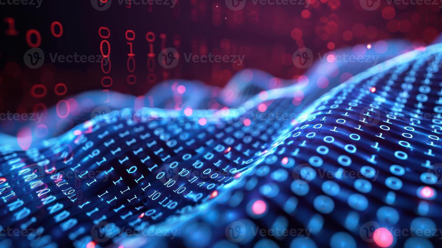 Abstract digital landscape with binary code flowing over waves in a vibrant, tech-inspired background photo