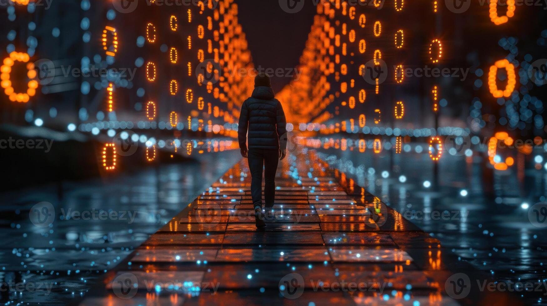A solitary figure walks on a reflective path surrounded by glowing binary code in a digital landscape photo