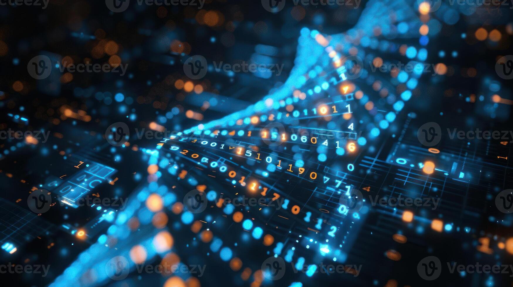Abstract digital representation of data flow with glowing particles and binary code in a futuristic setting photo
