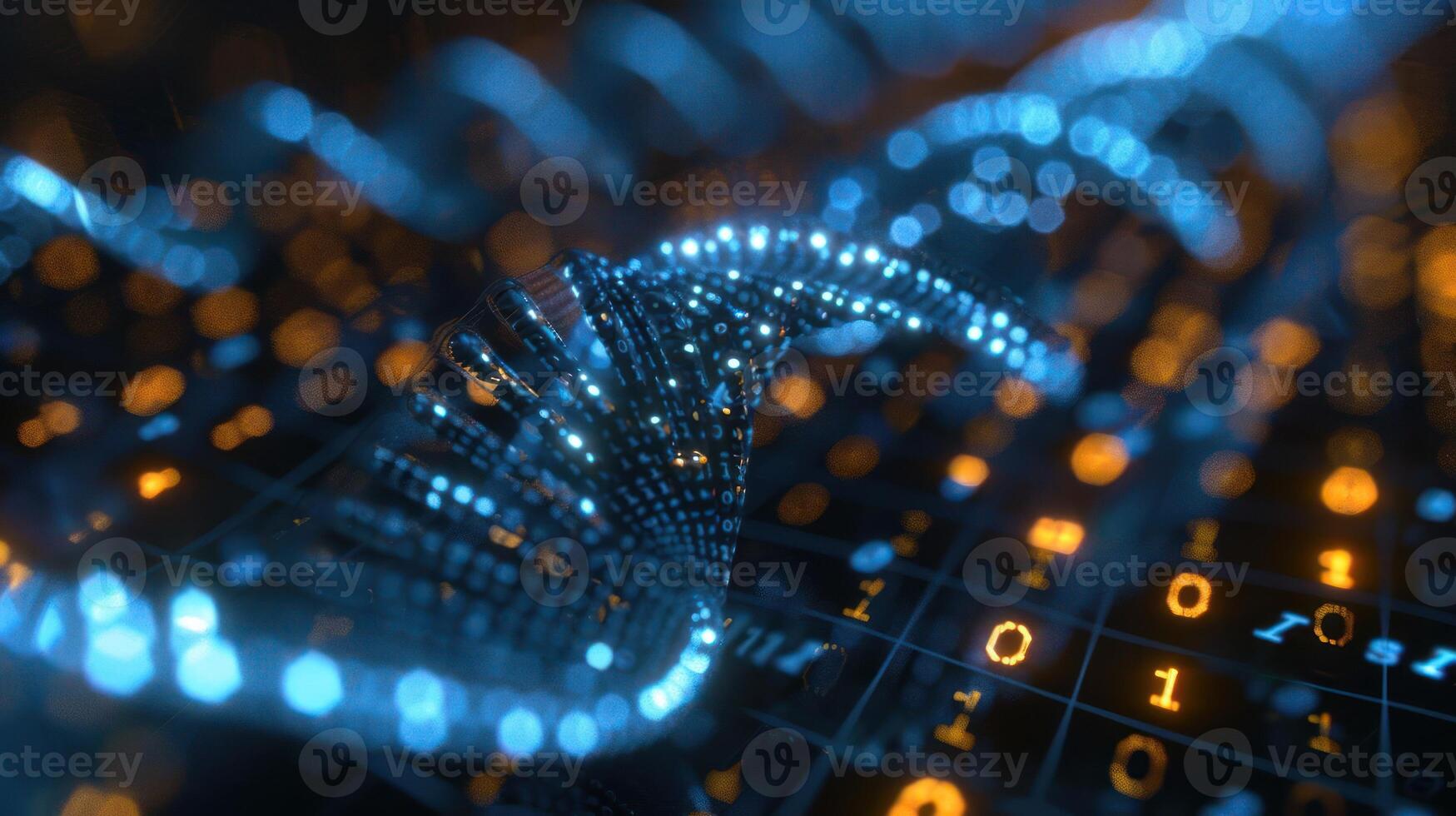 Abstract representation of a digital DNA strand illuminated by glowing binary code in a tech environment photo
