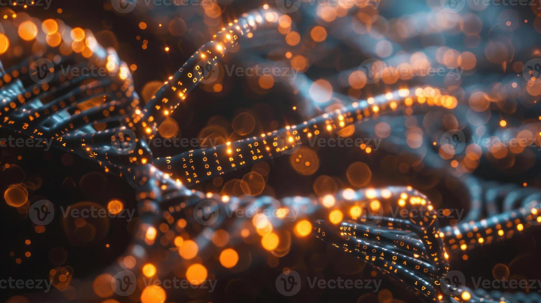 Abstract representation of DNA strands glowing with vibrant lights against a dark background photo