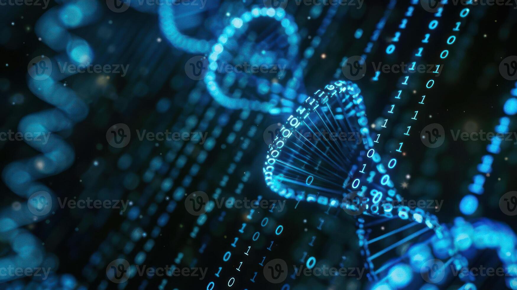 Abstract representation of DNA strands intertwined with binary code, symbolizing data science and genetics photo