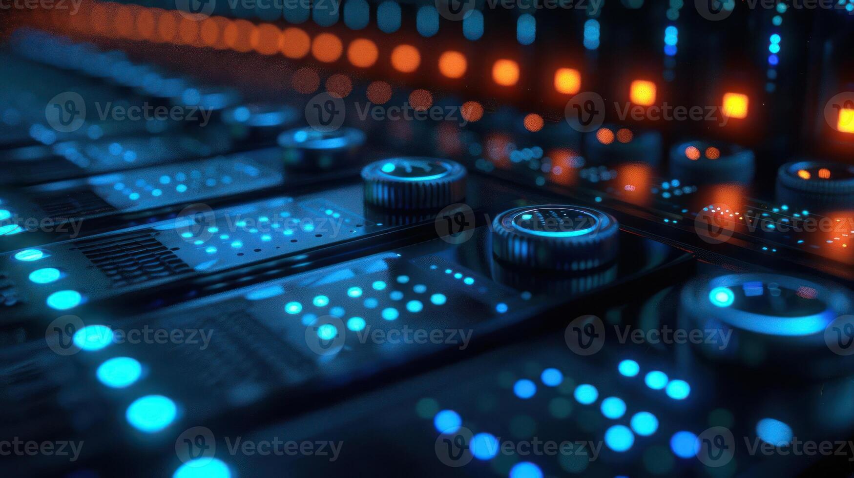 Close-up of illuminated control panel with knobs and buttons in a modern audio studio environment photo