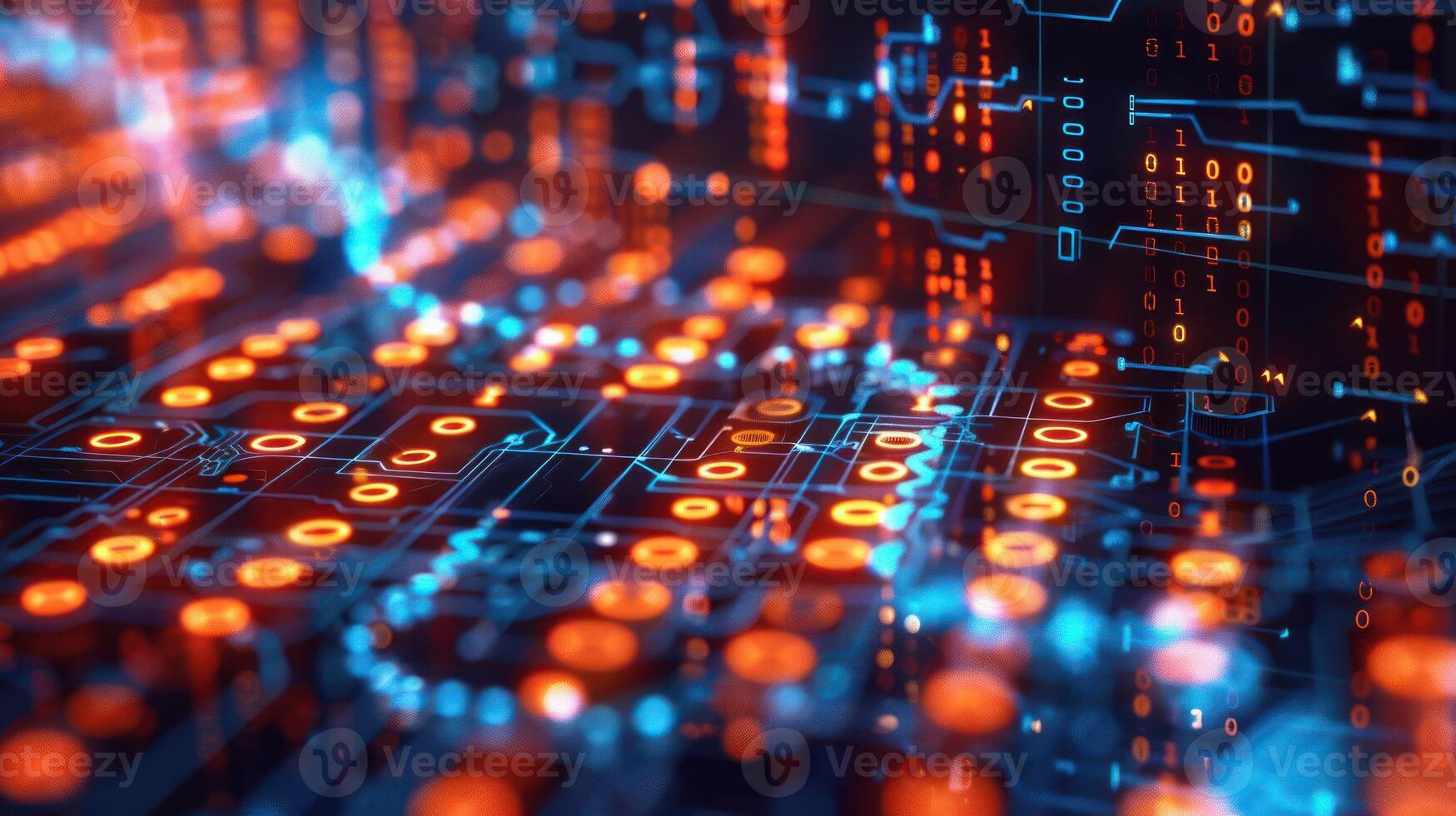 Abstract digital circuit board with glowing orange and blue lights, representing technology in motion photo