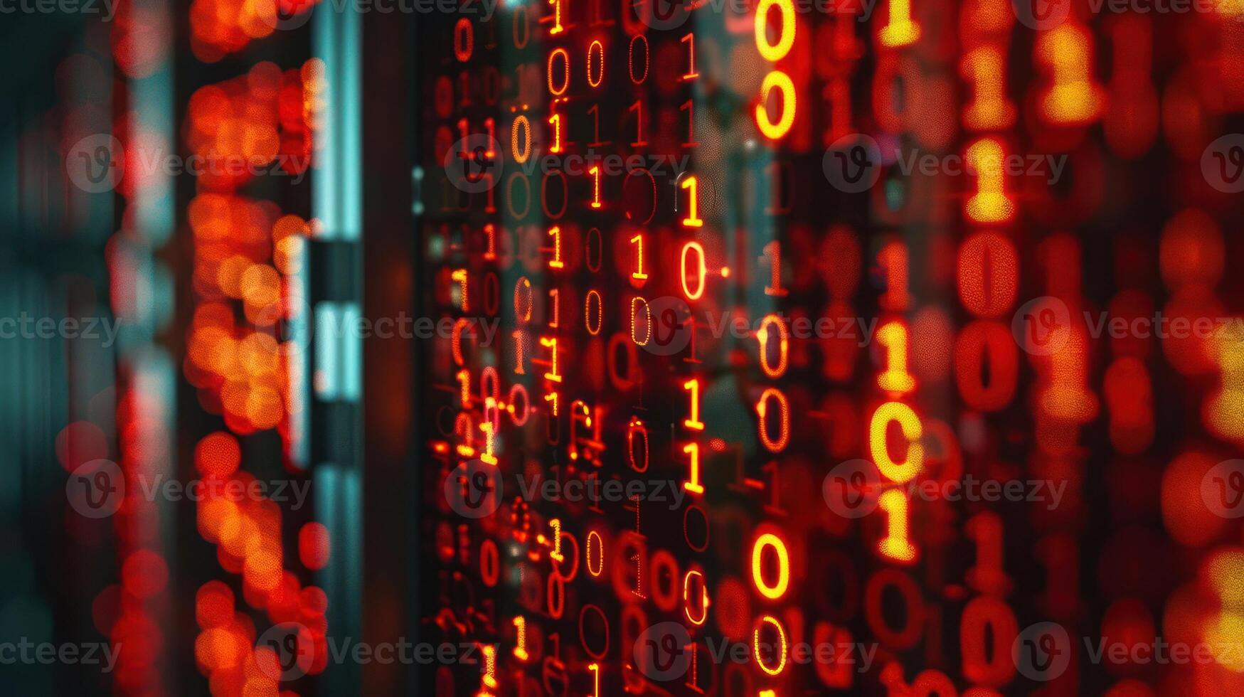 Abstract digital background with red binary code cascading down a server environment photo