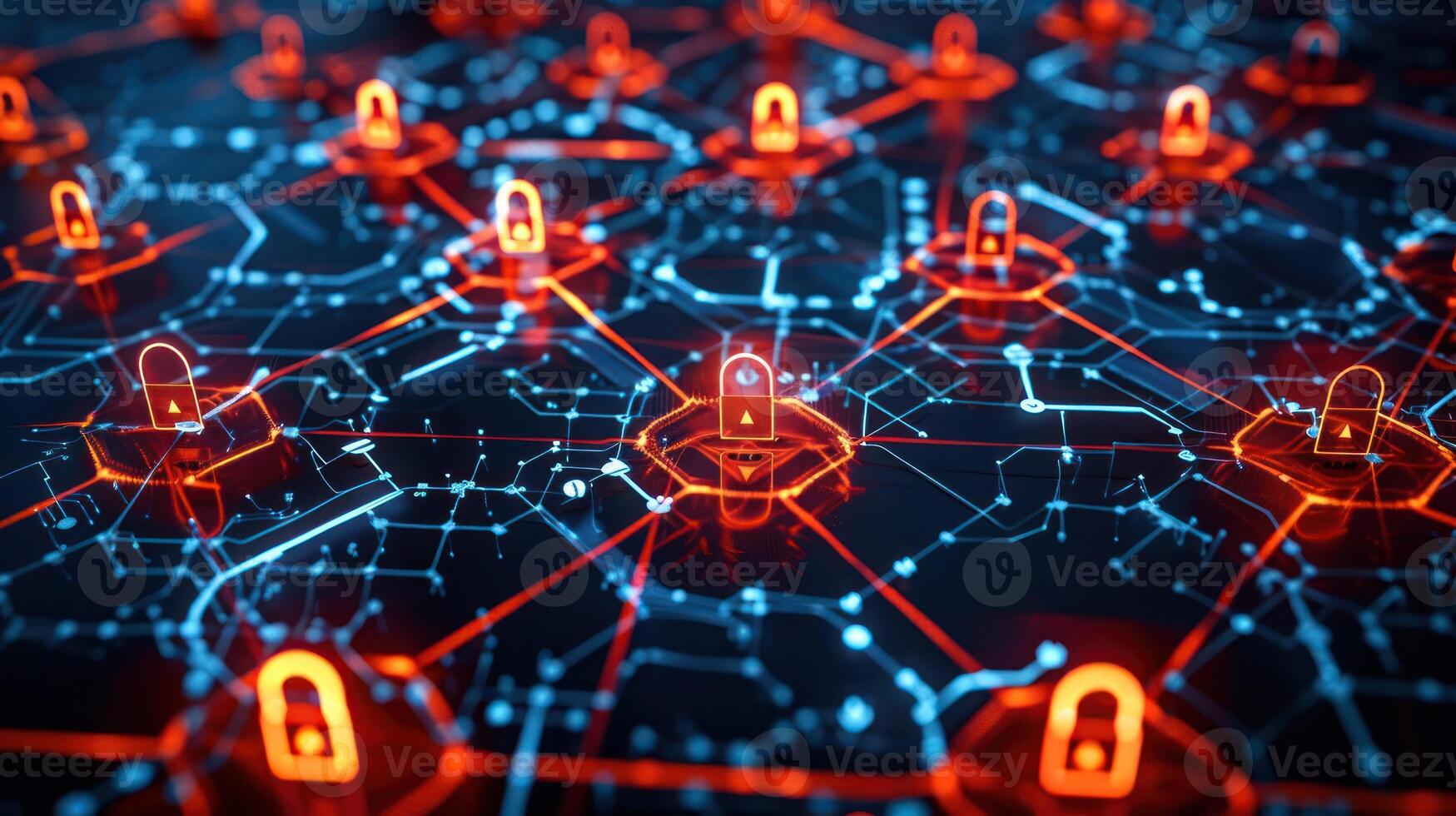 Abstract digital network with glowing padlocks symbolizing cybersecurity and data protection photo