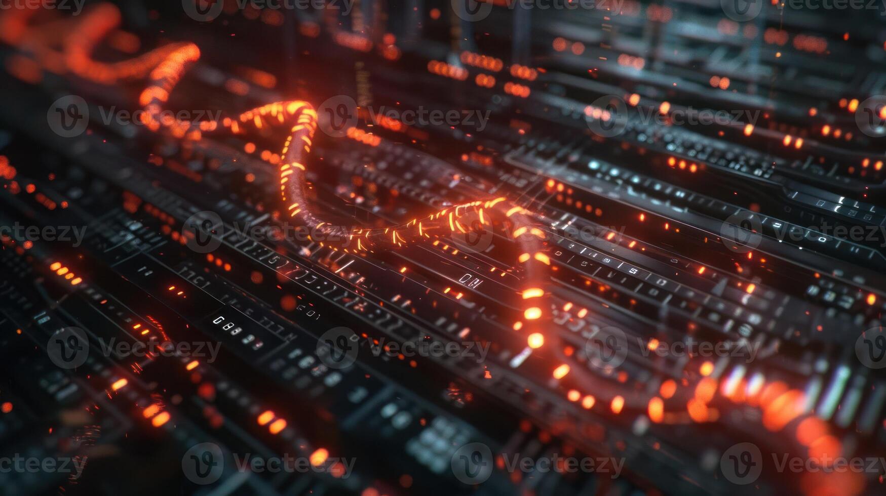 Abstract representation of glowing data streams flowing through a digital network with depth photo