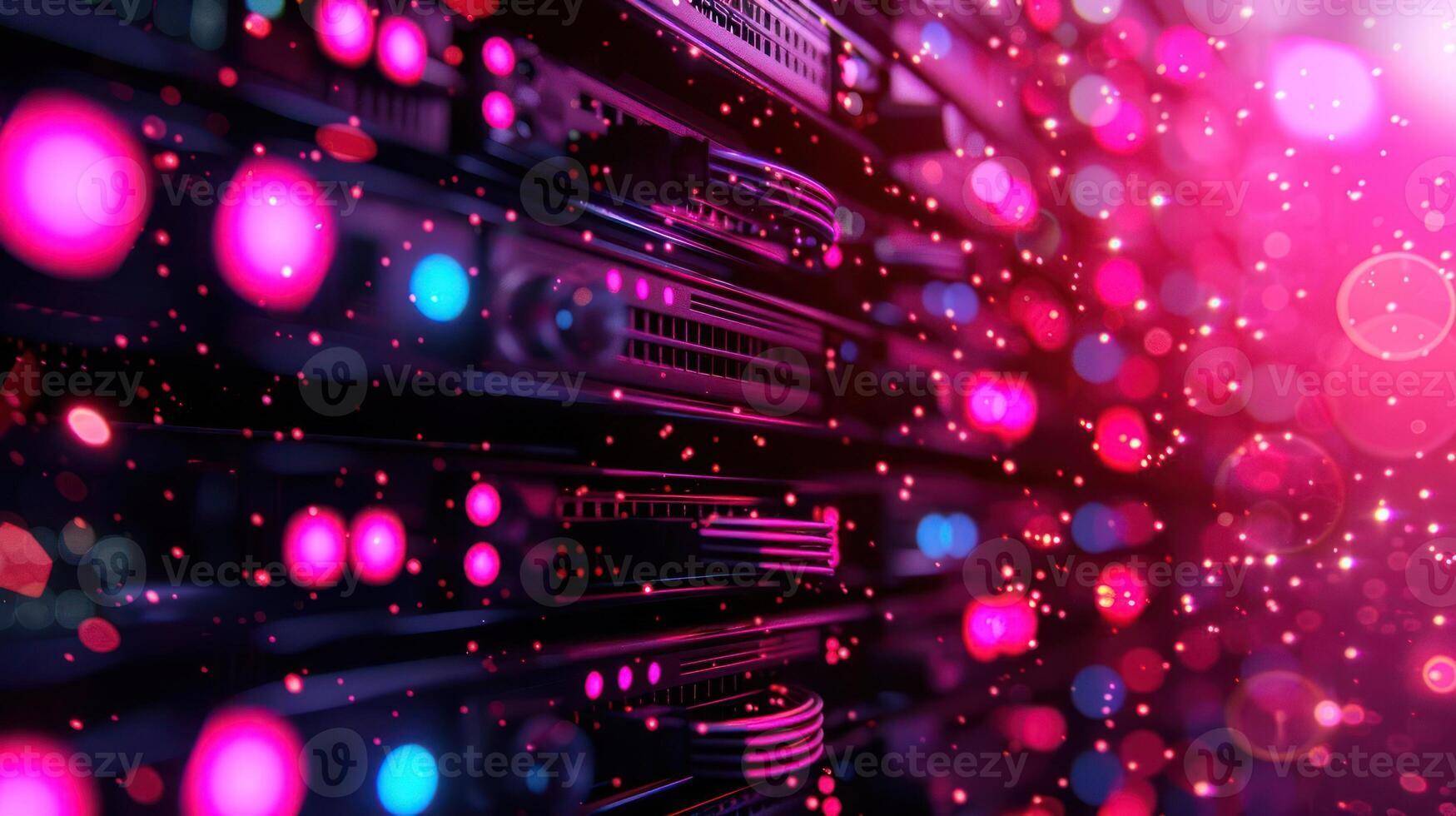 Abstract view of illuminated server racks with colorful bokeh effects in a digital environment photo