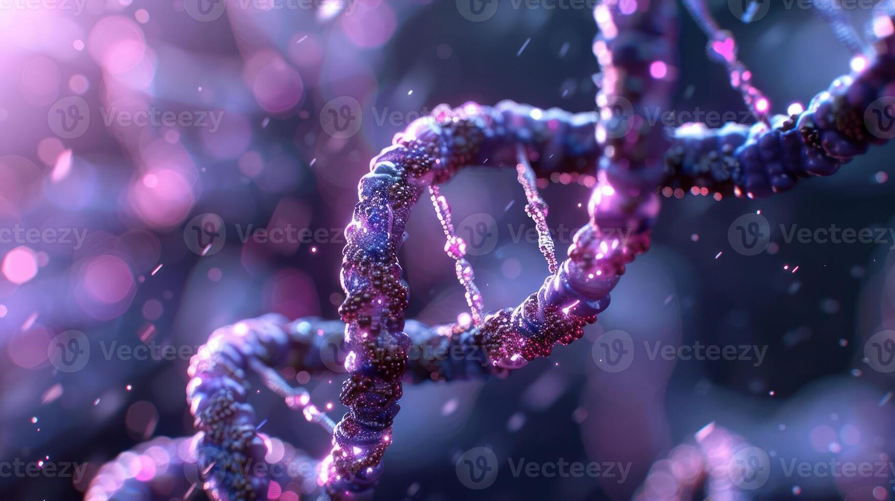 Close-up view of a vibrant, shimmering DNA double helix amidst a colorful, abstract background photo