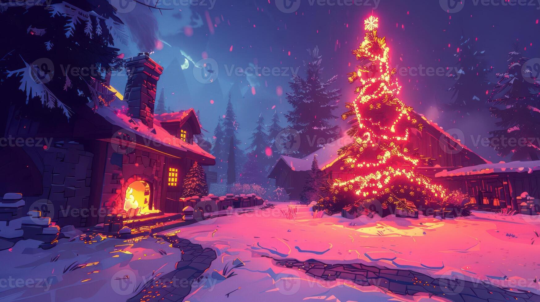 Cozy winter scene with a glowing Christmas tree and a warm cabin in a snowy forest photo