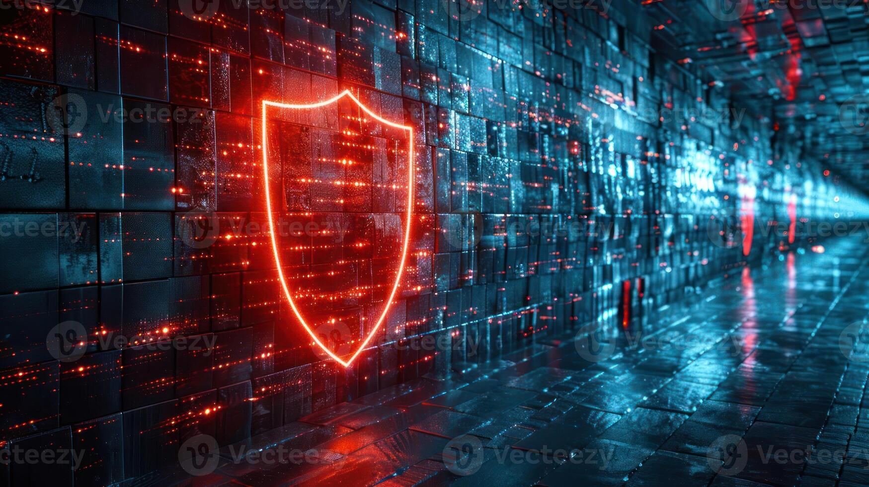 Neon shield glowing in a futuristic corridor with digital patterns and reflections photo