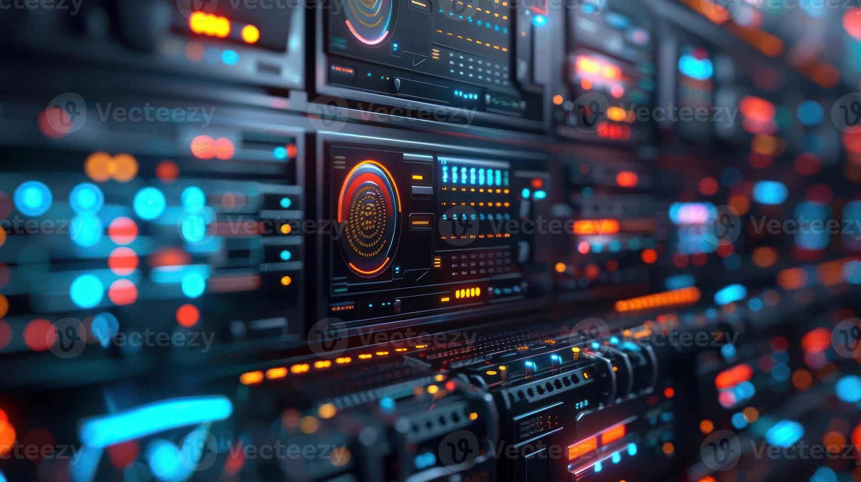 Futuristic data center with illuminated servers, showcasing advanced technology in action photo