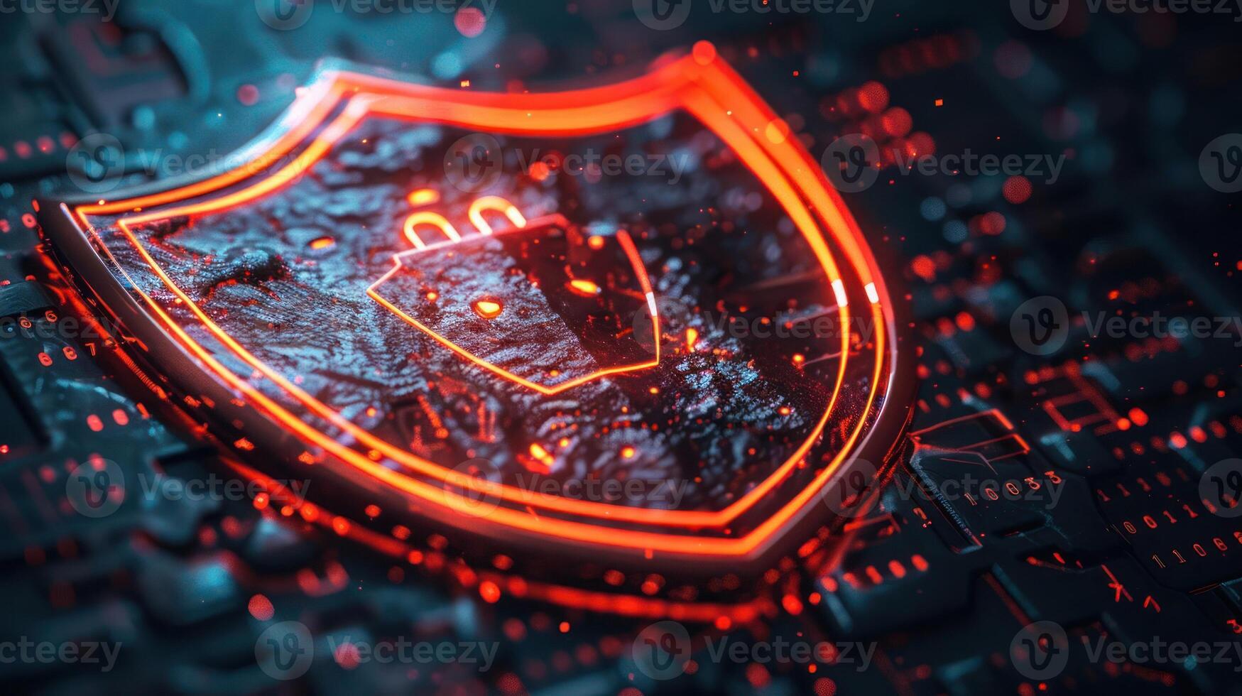 Abstract digital shield symbolizing cybersecurity on a dark tech background with glowing elements photo