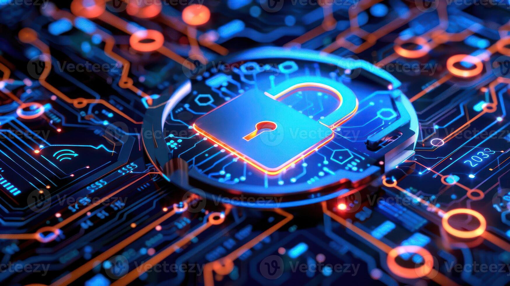 Digital lock symbolizing cybersecurity on a circuit board with vibrant colors and technology elements photo