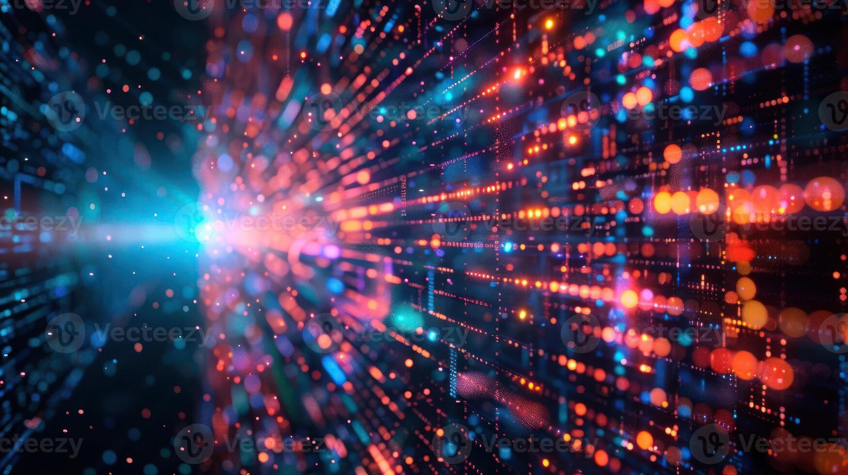 Abstract digital light trails creating a vibrant, colorful background for technology themes photo