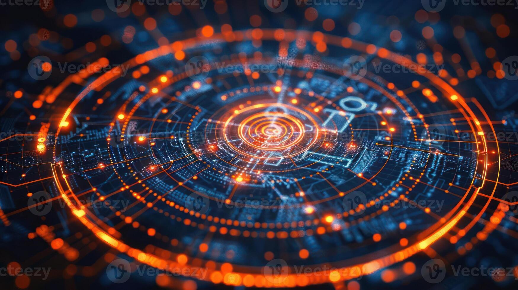 Abstract digital circuit design with glowing orange patterns and binary code on a dark background photo