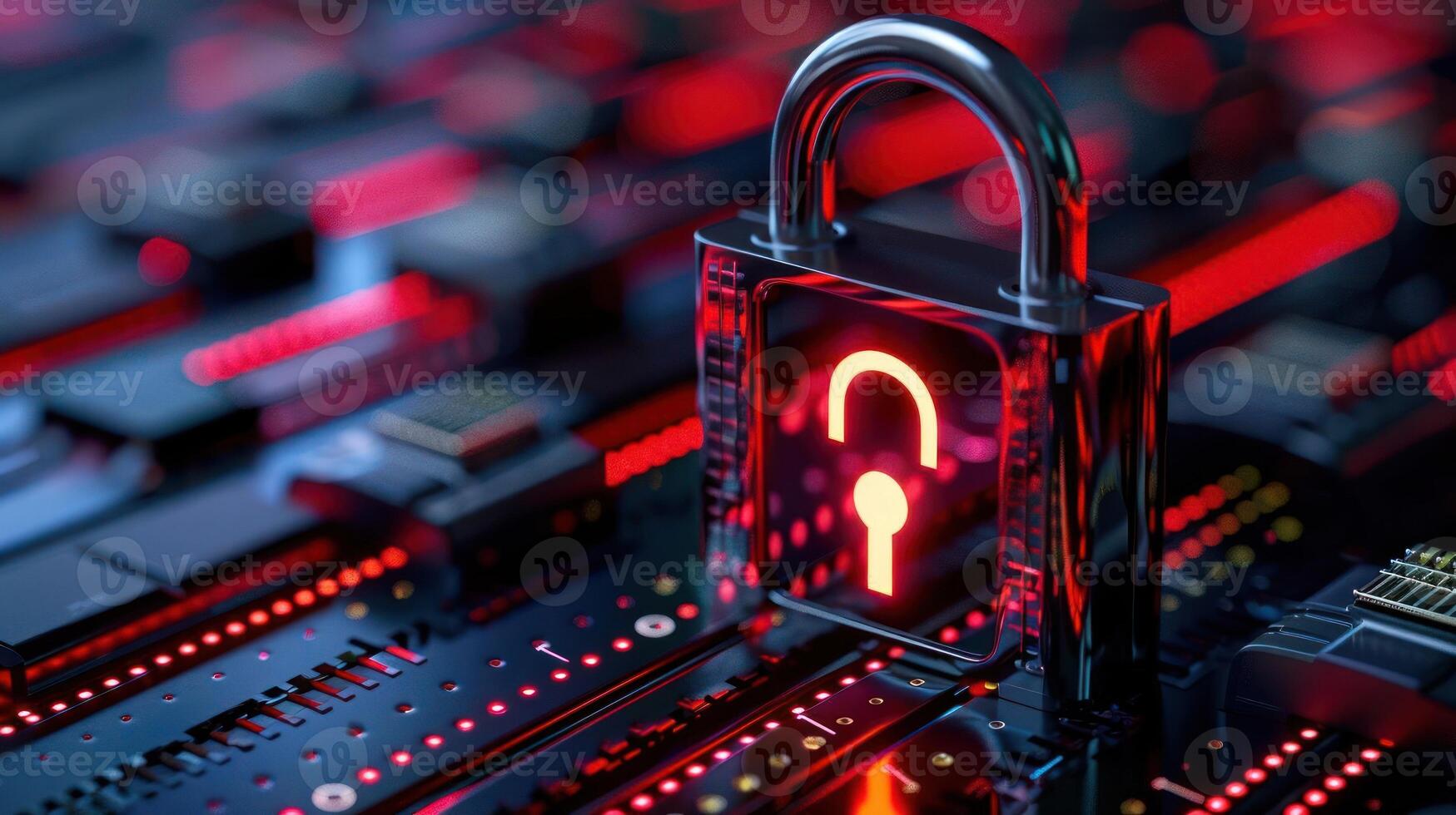 A digital padlock symbolizing cybersecurity on a circuit board background illuminated in red photo