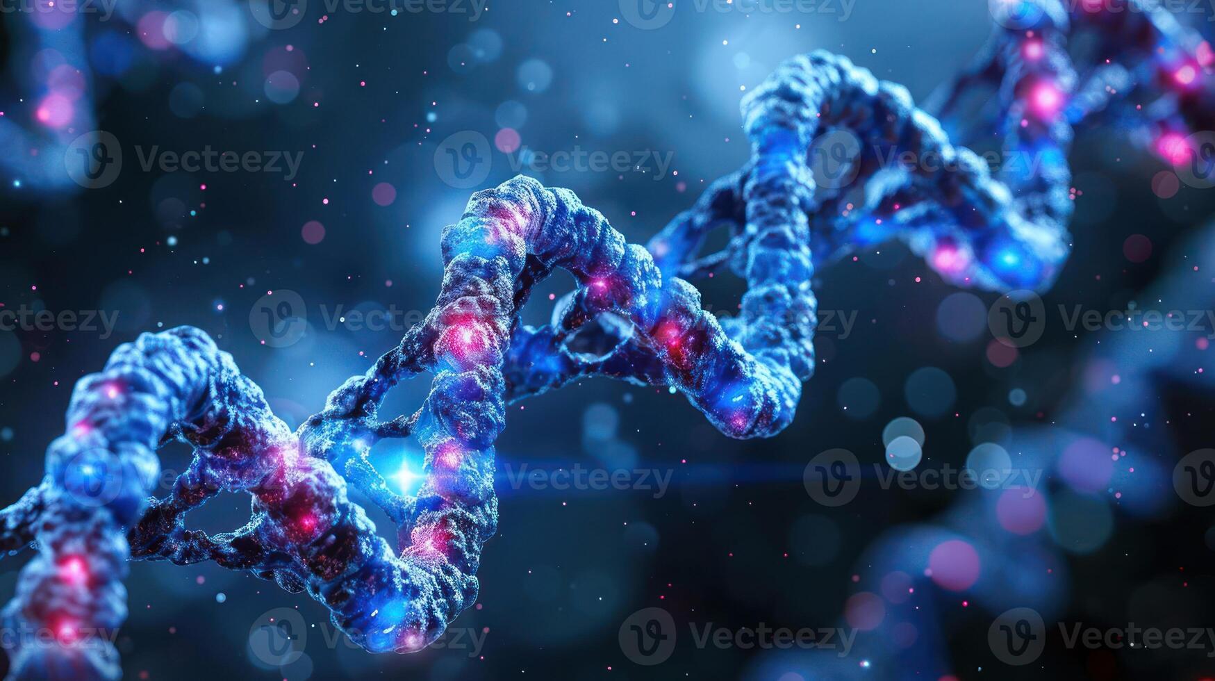 Close-up of a DNA double helix structure with glowing elements against a blurred background photo