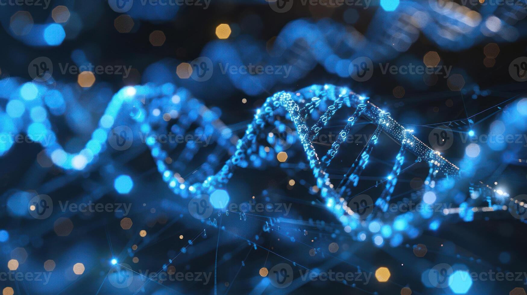 Abstract representation of DNA strands illuminated by blue and golden lights in a digital environment photo