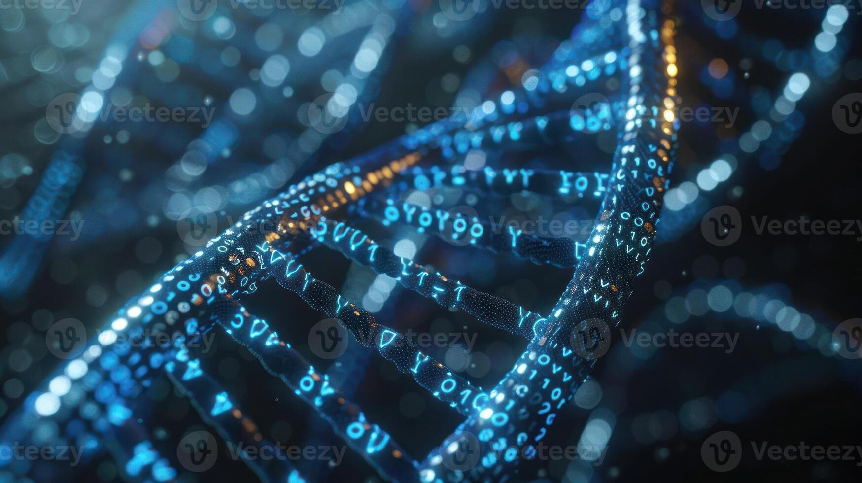 Abstract visualization of DNA strands illuminated by glowing data particles in a digital environment photo