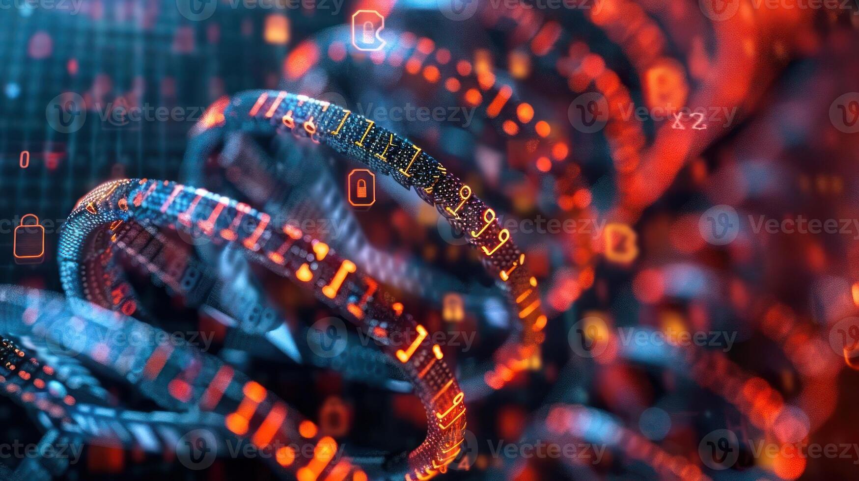 Abstract representation of digital data with swirling binary code and security icons in a tech environment photo
