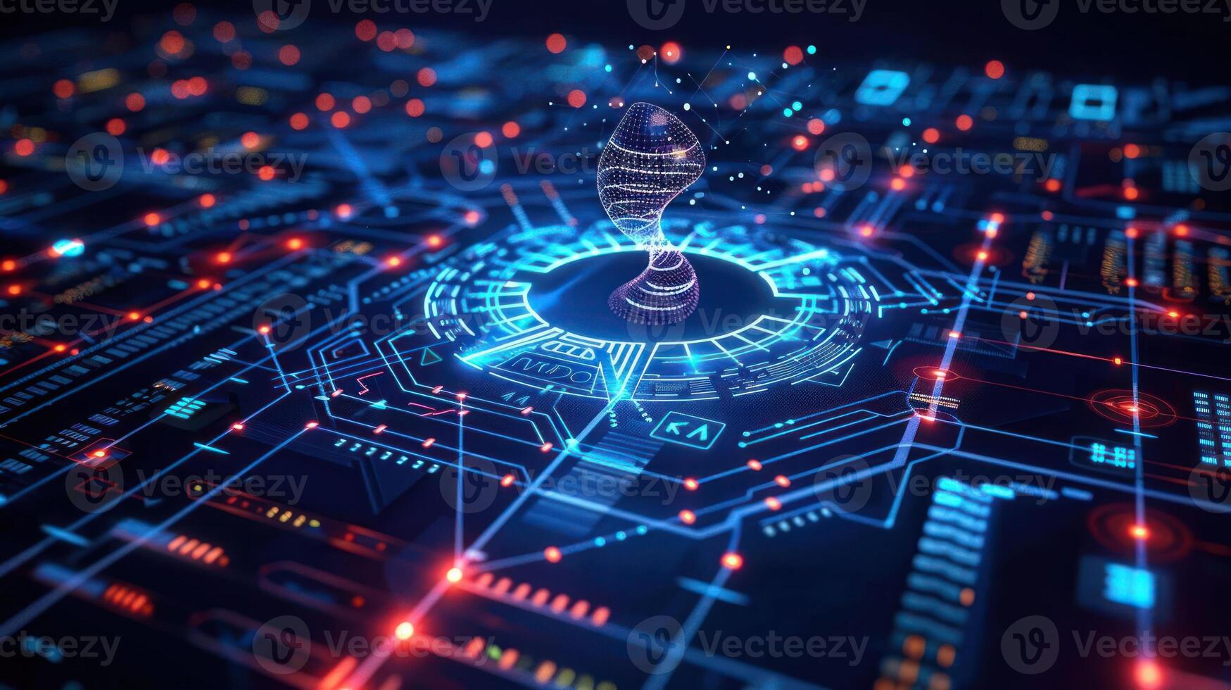 Futuristic digital representation of a DNA strand surrounded by glowing circuit patterns and data flow photo