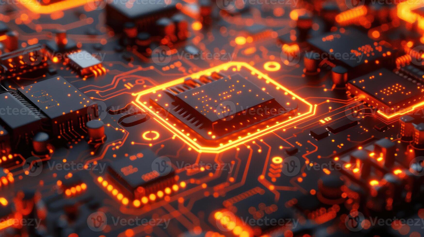 Close-up view of a glowing microchip on a circuit board with intricate patterns and connections photo