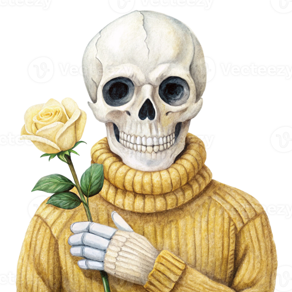a drawing of a skeleton holding a yellow rose png
