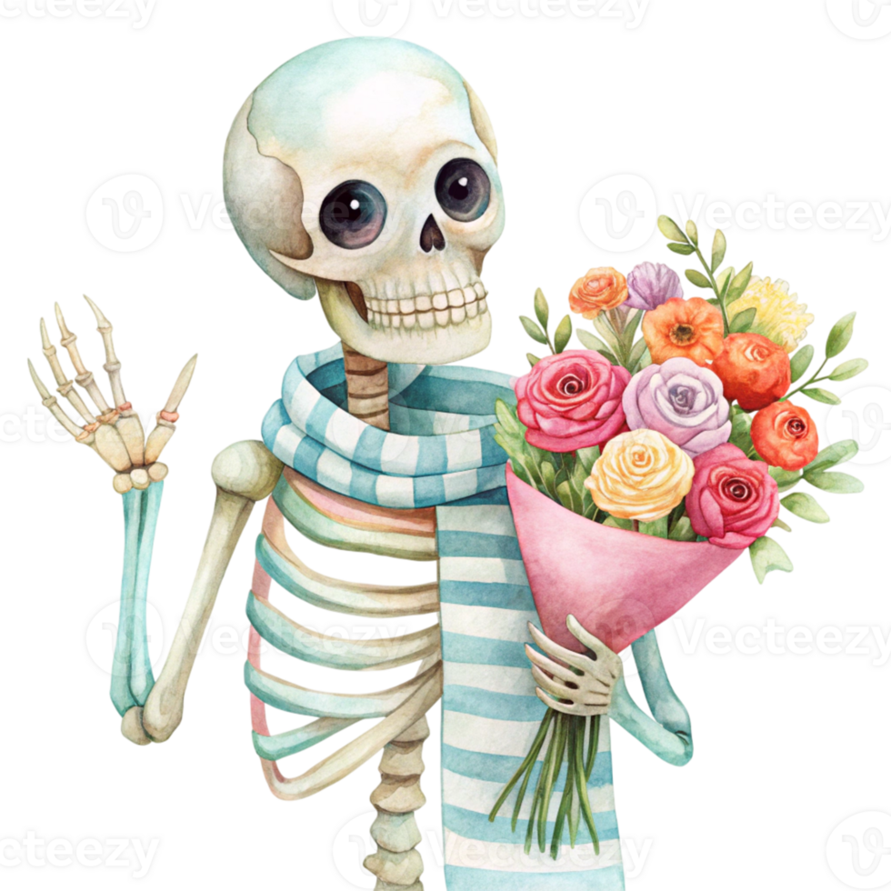 a skeleton holding a bouquet of flowers png