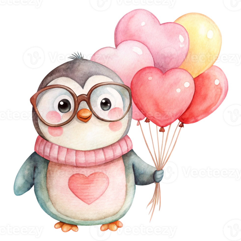 watercolor penguin holding balloons png