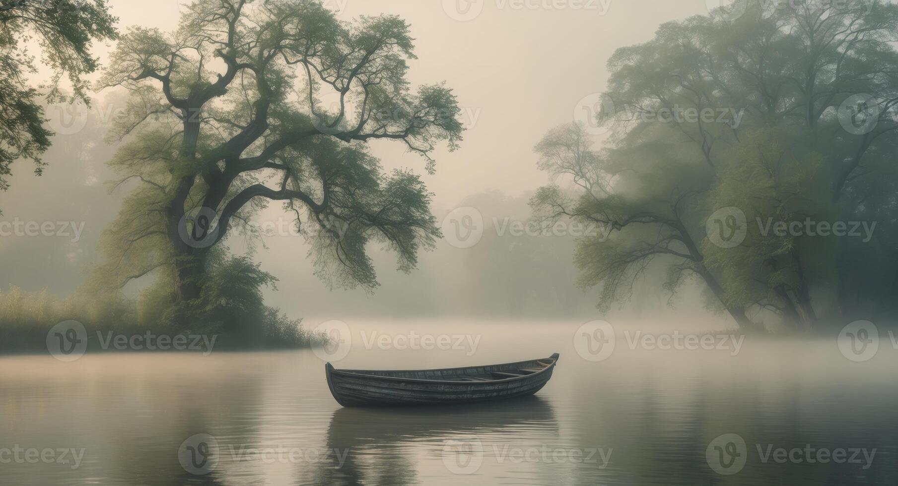 Misty lake with a solitary wooden boat floating softly on the water under a serene atmosphere. photo