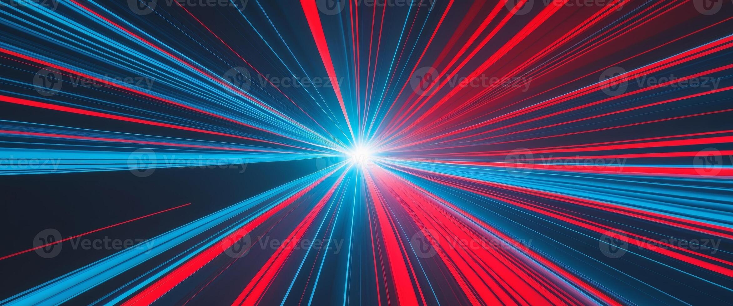 Abstract digital render with lines of blue and red converging toward a bright center point photo
