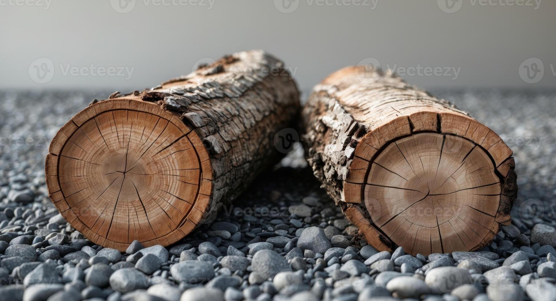 Two freshly cut logs with visible growth rings resting on gray gravel ground photo