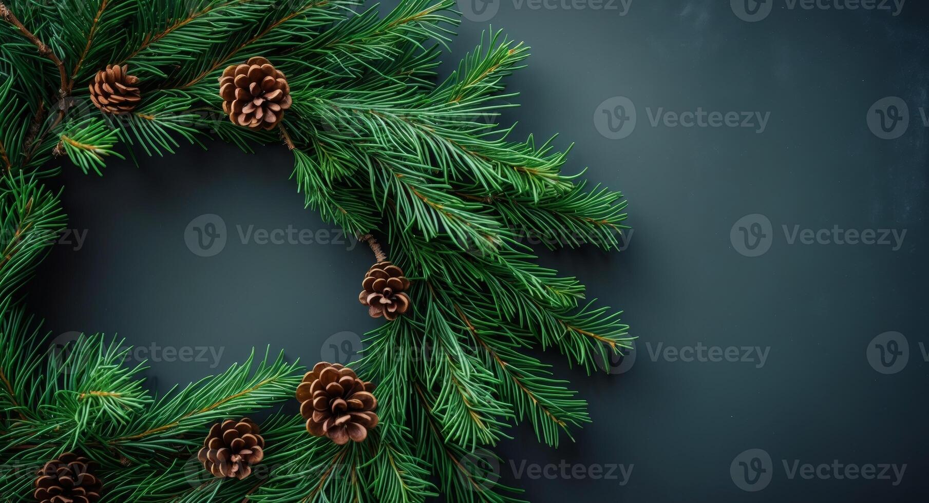 Fresh Pine Branch Wreaths Close Up with Rich Green Foliage and Pine Cones on Dark Background Ideal for Holiday Decorations and Text Space photo