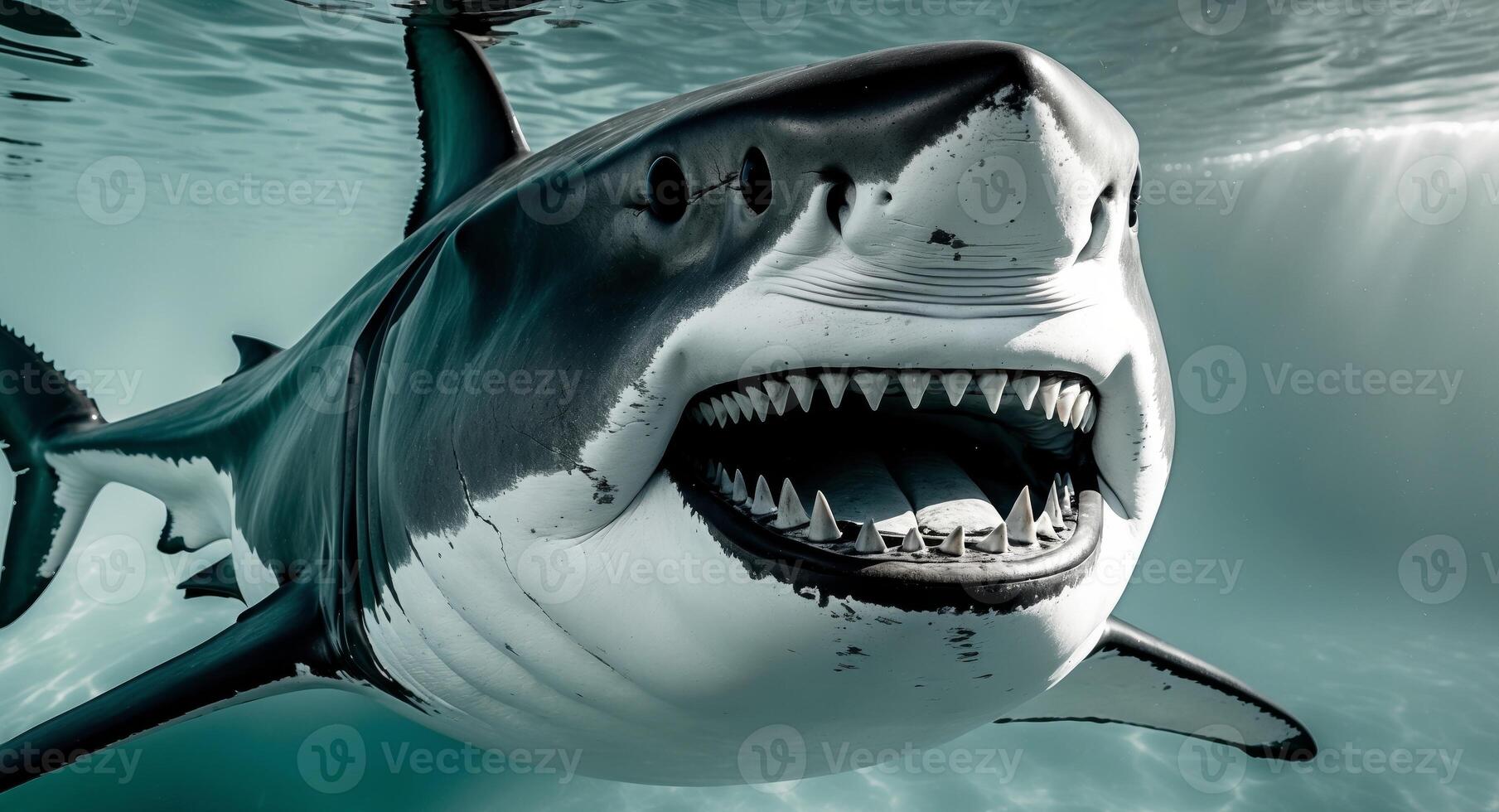A great white shark with its mouth open in the ocean. photo
