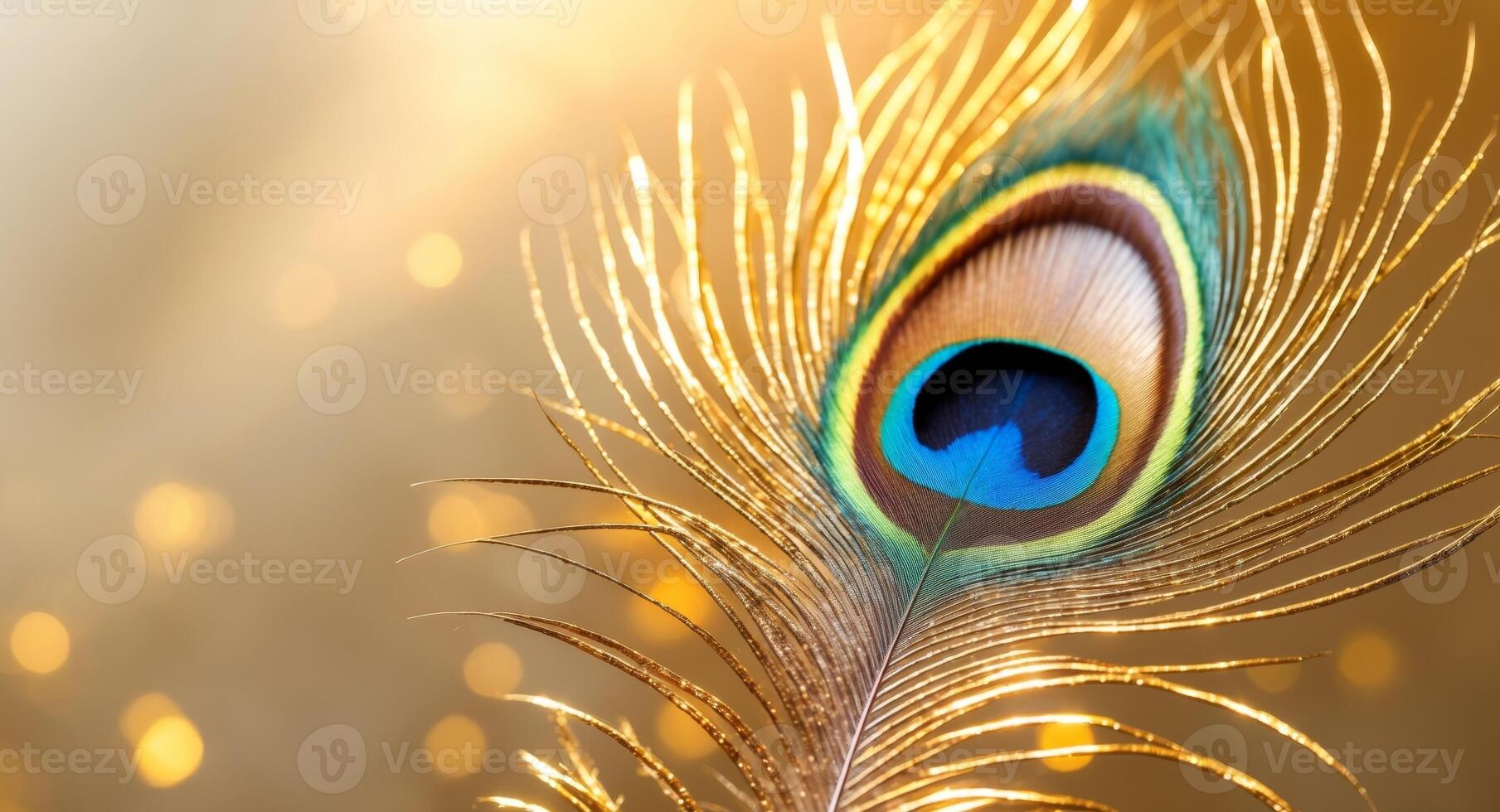 Close up of radiant gold peacock feather on vibrant golden background symbolizing beauty and prosperity with ample space for text overlay. photo
