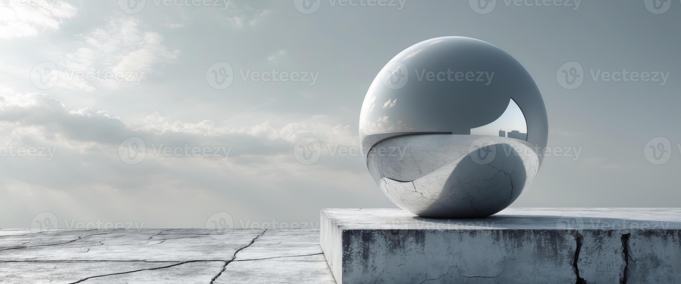 Modern Abstract Sphere on a Concrete Platform with a Cloudy Sky Background. photo