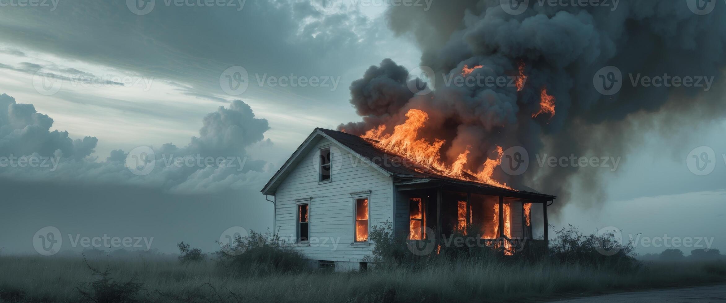 A house is on fire and the sky is cloudy. photo