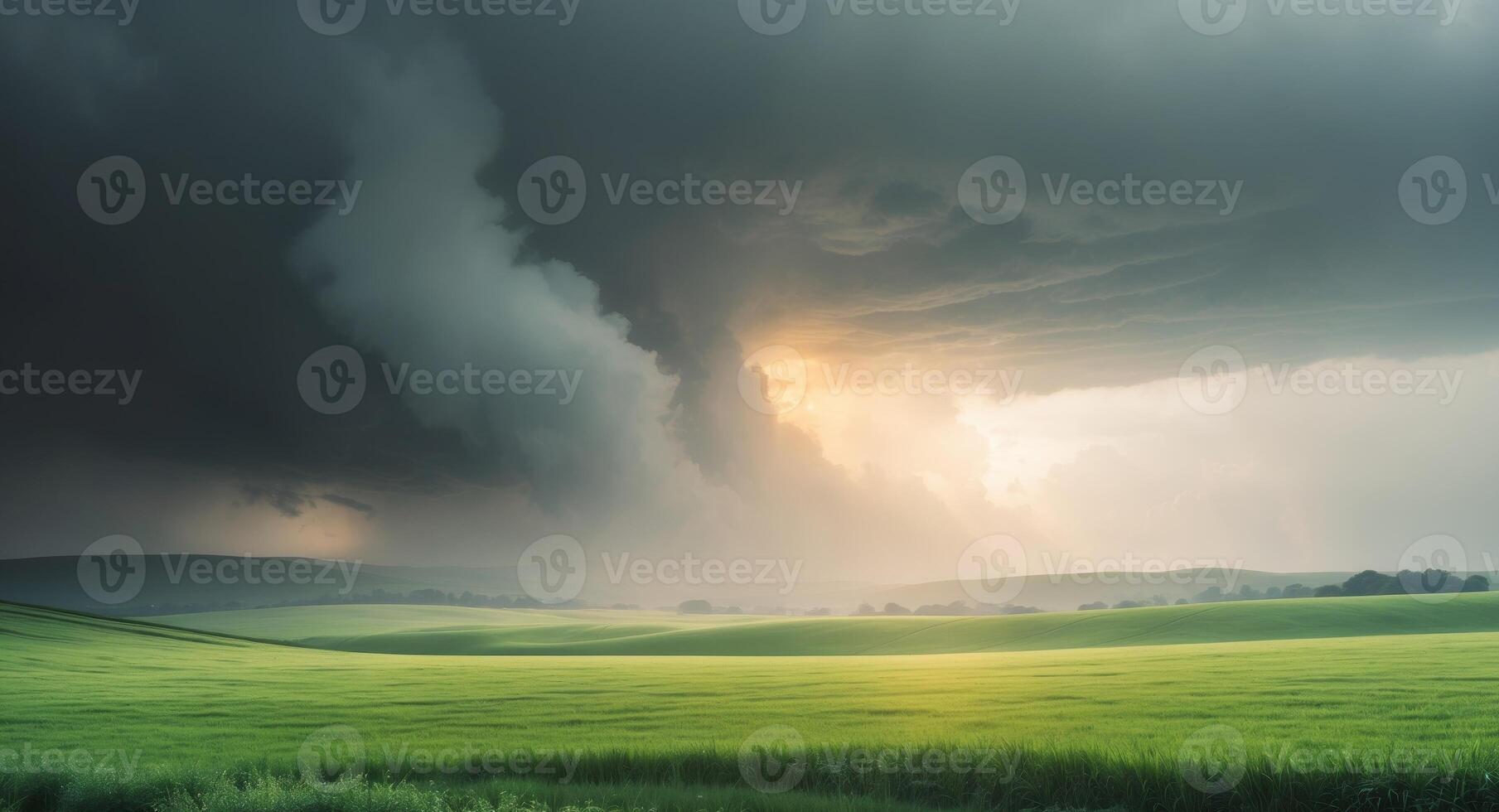 Dramatic landscape with sunlight breaking through dark storm clouds over green field photo
