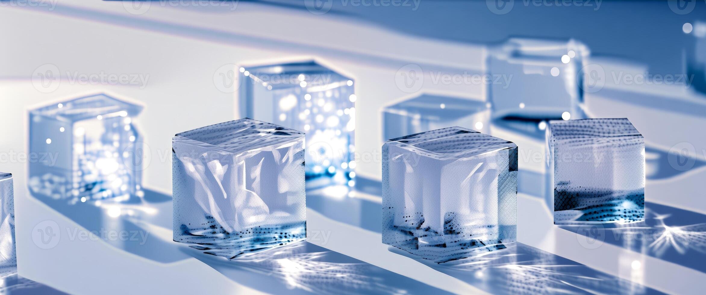 Clear Ice Cubes on White Surface with Bright Reflection and Shadows. photo