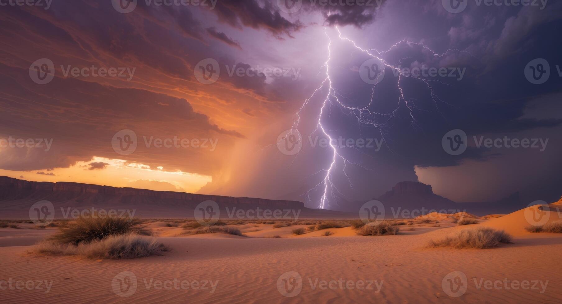 Dramatic Desert Sunset with Lightning Storm. photo